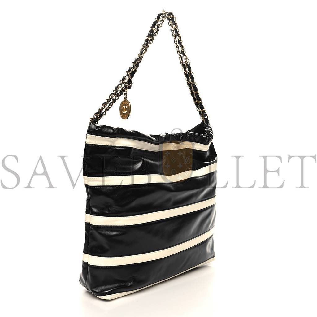 Ch*el master shiny calfskin striped small Ch*el 22 black white as3260 (37*35*7cm)